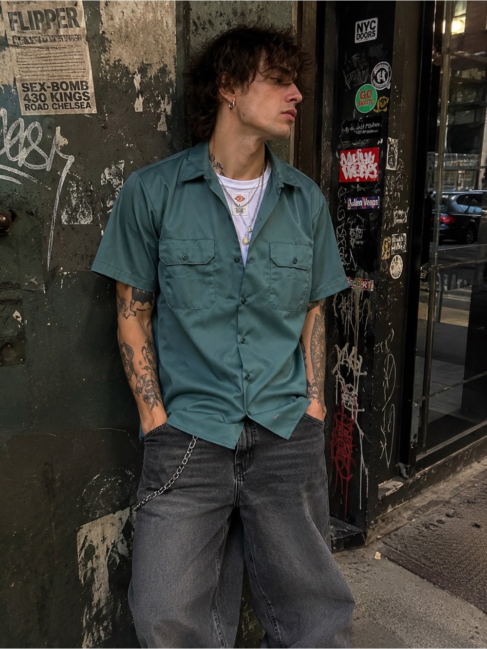 Dickies Green Short Sleeve Work Shirt Button Up Utility Skatewear Size Large
